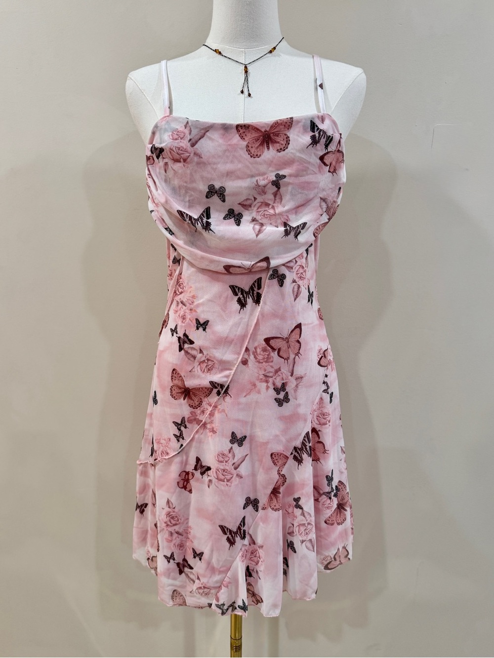 Pink Butterfly Rose Mesh Slip on Mini Dress Coquette Fairycore Size M